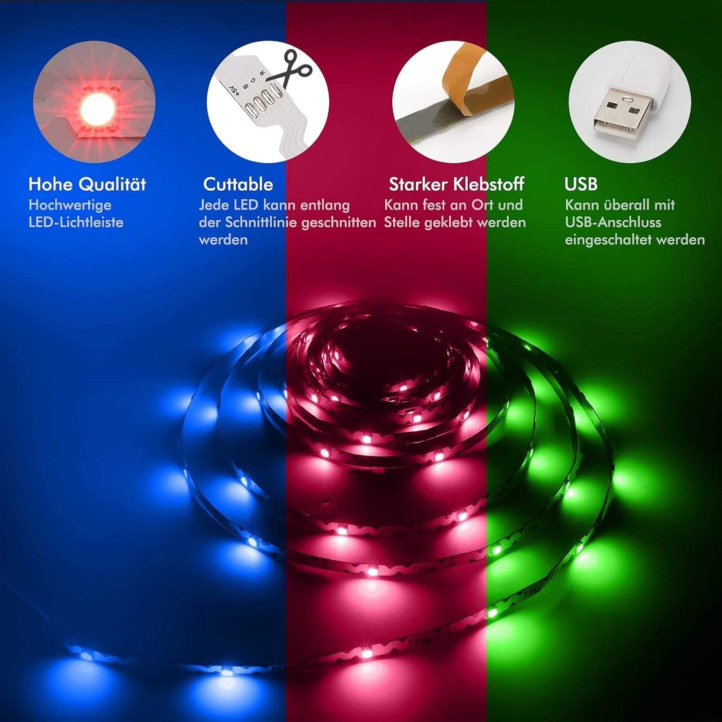 LED TV Hintergrundbeleuchtung, 5M RGB TV Beleuchtung Für 60 Bis 80 Zoll, TV LED Strip, App-Steuerung, USB LED Streifen Für HDTV, PC Bildschirm, Schlafzimmer, Spielzimmer, Raumdekoration