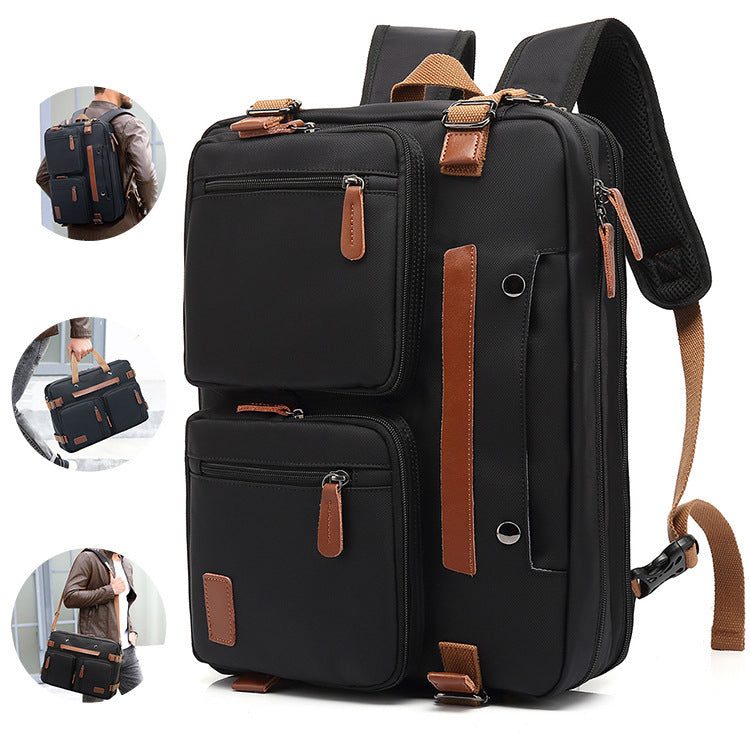 Men's Bag Multifunctional Backpack in black polyester with brown leather accents, multiple zippered compartments, and adjustable straps.