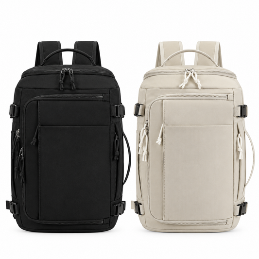 Double Set – expandable 28–38 L travel backpack with clamshell opening and organised compartments